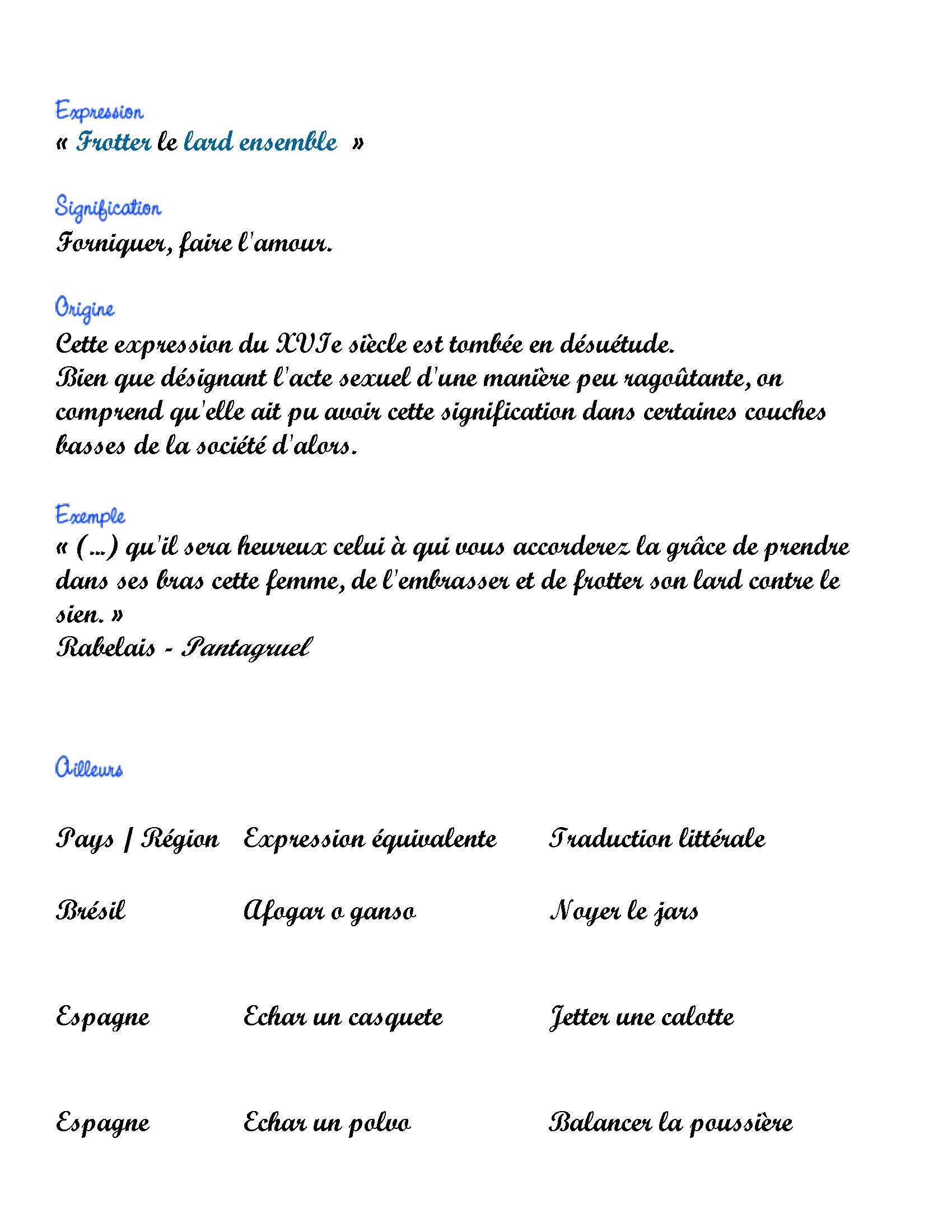 Expression du Jour Frotter le lard ensemble (2 pages) Frawsy