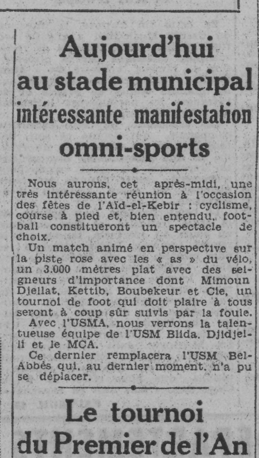 Lundi 29.12.1941 MCA remplace l'USMBA au tournoi de l'Aid el Kebir