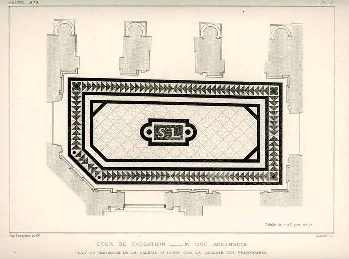 Plan du vestibule de la galerie Saint-Louis sur la galerie des Prisonniers (Cour de cassation, M. Duc, architecte. Paris, 1879).