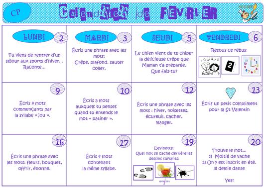 Calendrier d'écriture Février