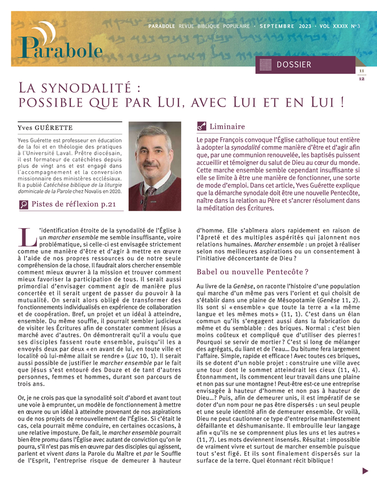 LA SYNODALITÉ : POSSIBLE QUE PAR LUI, AVEC LUI ET EN LUI ! - Revue Parabole