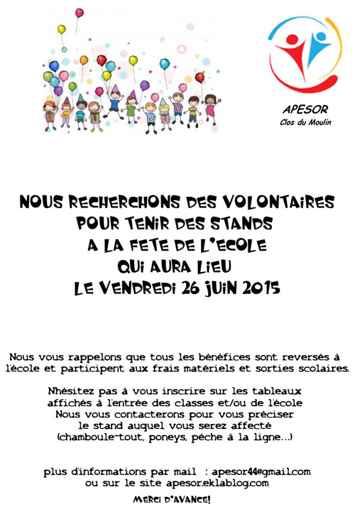 Recherchons volontaires pour la fête de l'école