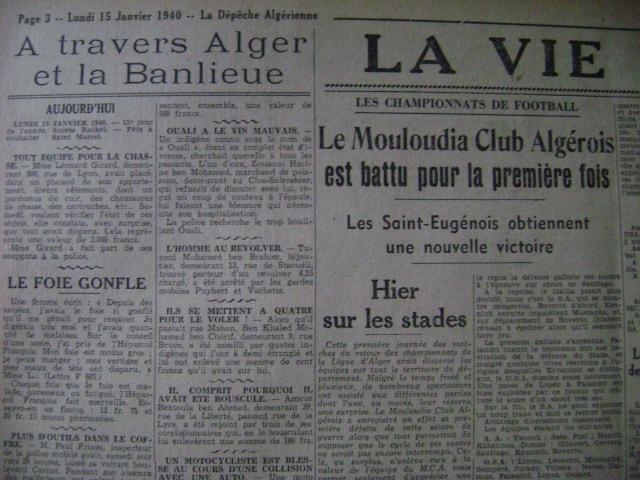14.1.1940 OHD-MCA 2-1 première défaite de la Saison du Mouloudia