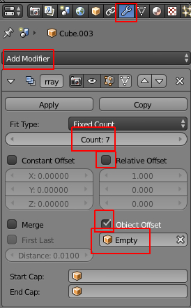 Ajustement des paramètres dans le panneau de l'array modifier