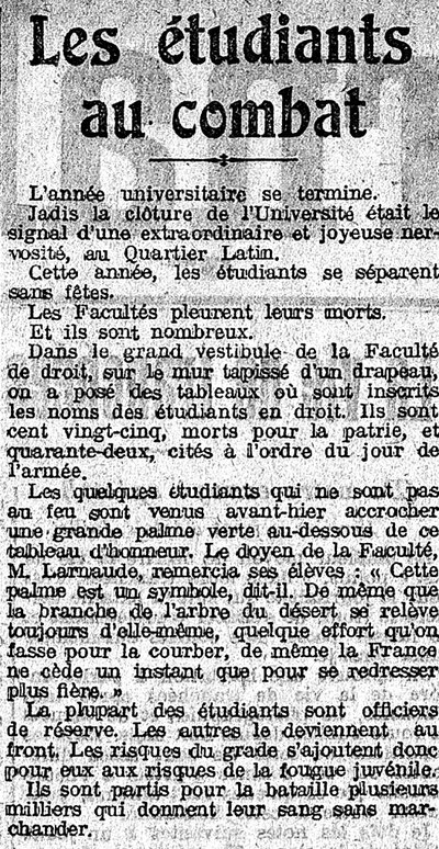 Cérémonie de la fin de l’année universitaire à la Faculté de Droit de Paris, le 8 juillet 1915 (Le Petit Journal, n° 19188, du samedi 10 juillet 1915)