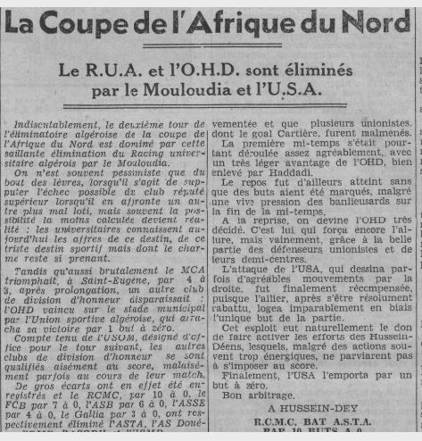 Dimanche 15.10.1933 à St Eugène coupe AFN MCA-RUA (division honneur) 4-3 après prolongations (l'e