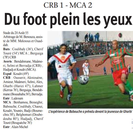 Samedi 1.11.2008 au 20 Août CRB-MCA 1-2