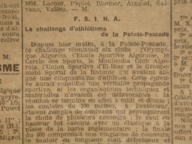 24.6.1923 MCA Athlétisme participe au challenge de la pointe Pescade