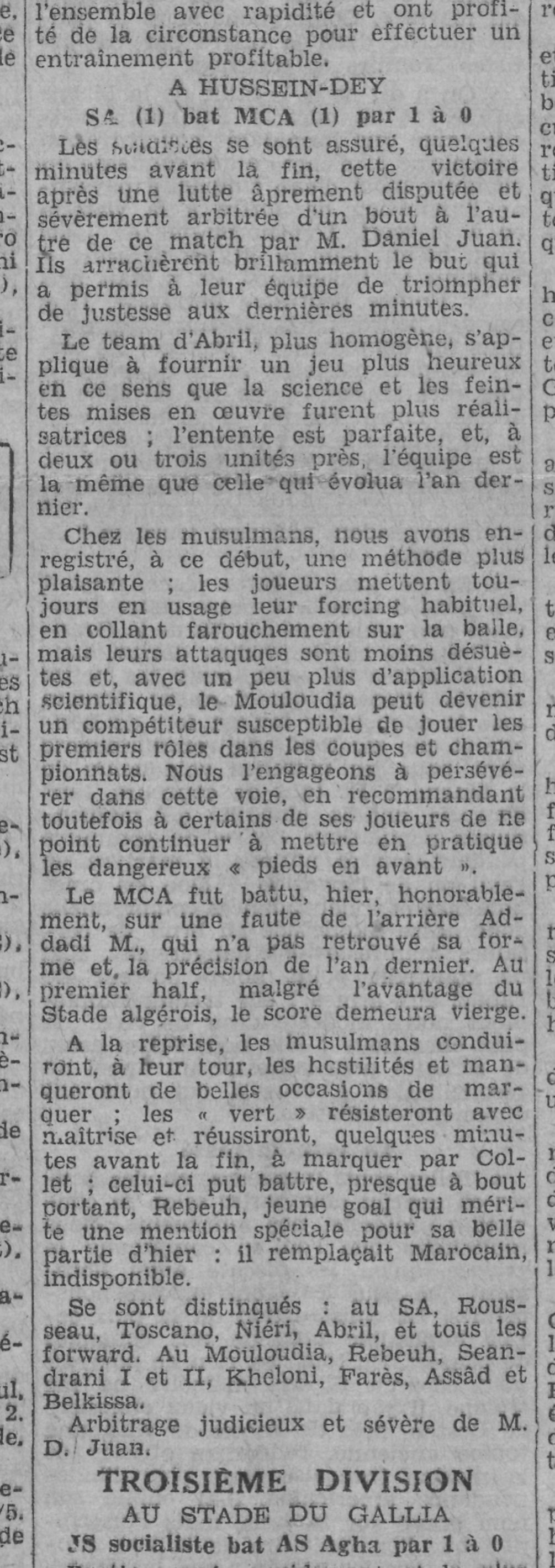 Dimanche 11.9.32 à Hussein-Dey coupe Municipalité Stade Algérois-MCA 1-0