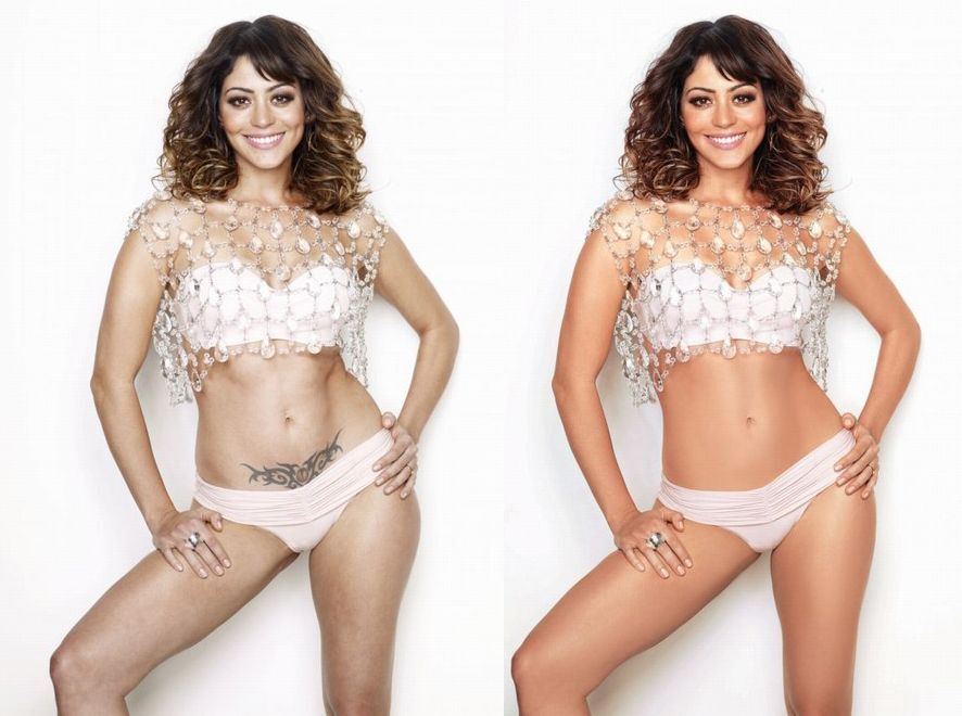 Carol Castro antes e depois do Photoshop