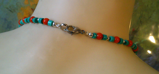 - Réservé - Long Collier 3 rangs Pierre de Turquoise Corail rouge, plaqué argent et acier