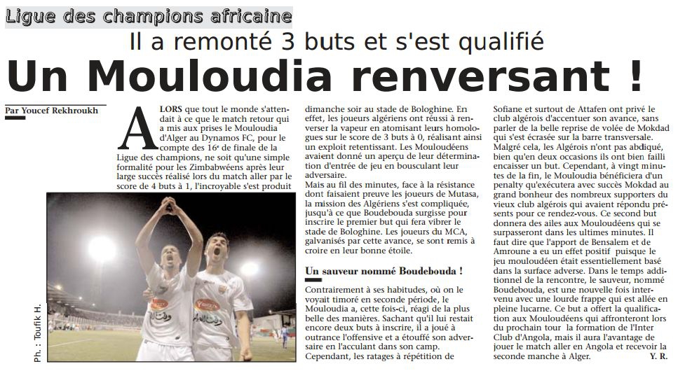 Dimanche 3.4.11 Omar Hamadi Bologhine (19h) C1 Afrique MCA-FC Dynamos 3-0