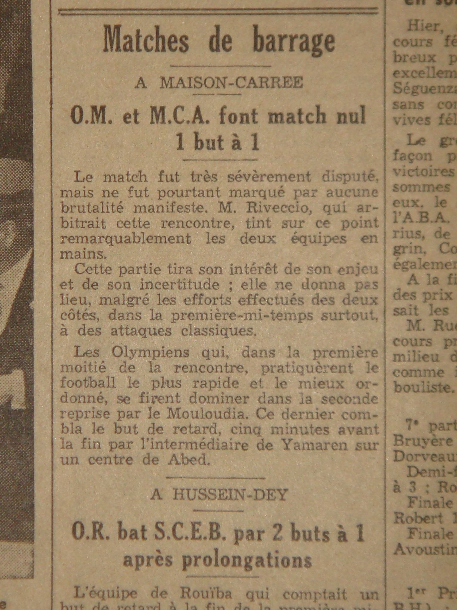 D 24.5.1936 stade maison carrée MCA-O.Marengo 1-1 (match sera rejouer)