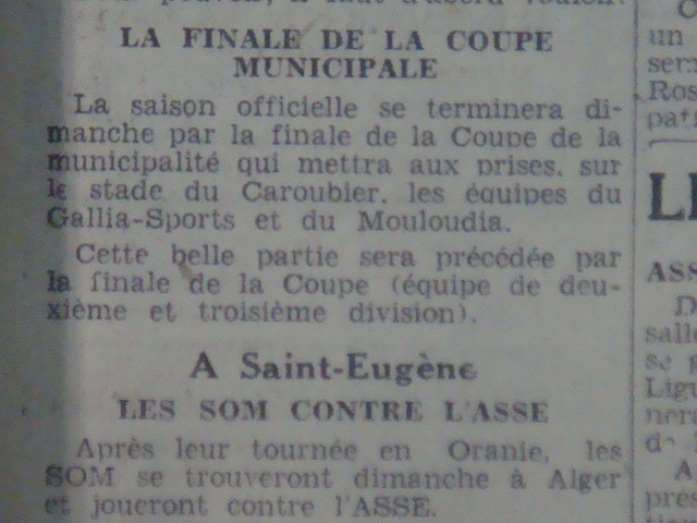 Dimanche 19 juin 1932 à caroubier Finale Coupe de la Municipalité Gallia SA-MCA 1-0