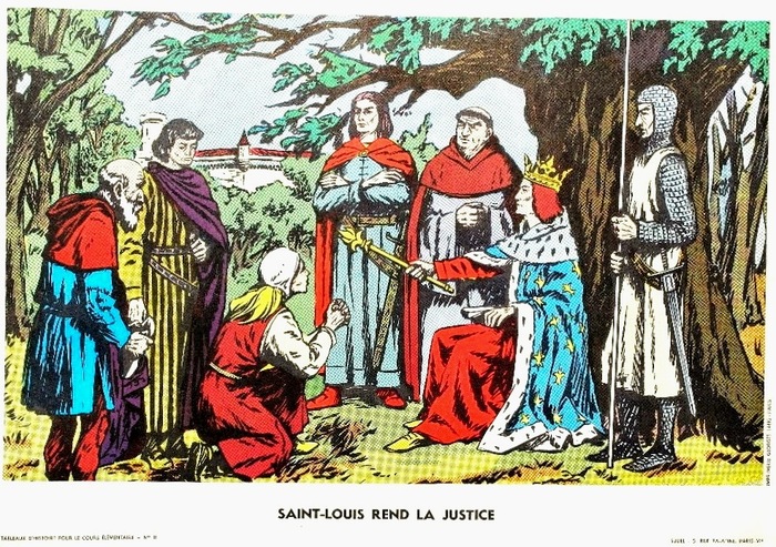 Saint-Louis rend la justice (Affiche scolaire de la série des Tableaux d’histoire pour le cours élémentaire, de chez Sudel. Circa 1960).