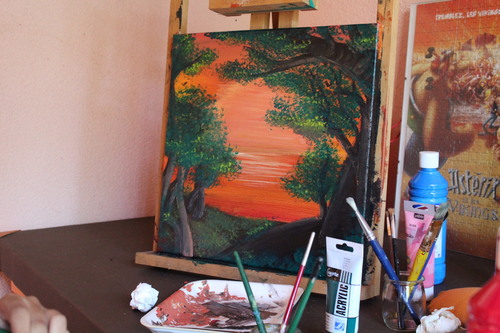Peinture paysage au coucher de soleil