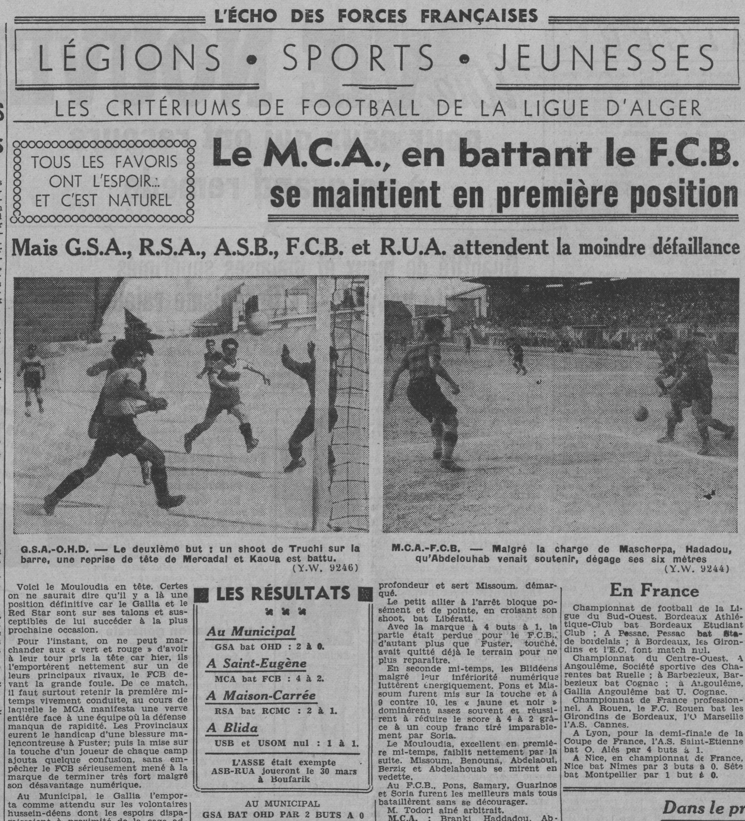 Dimanche 23.3.1941 à St Eugène MCA-FC Blida 4-2