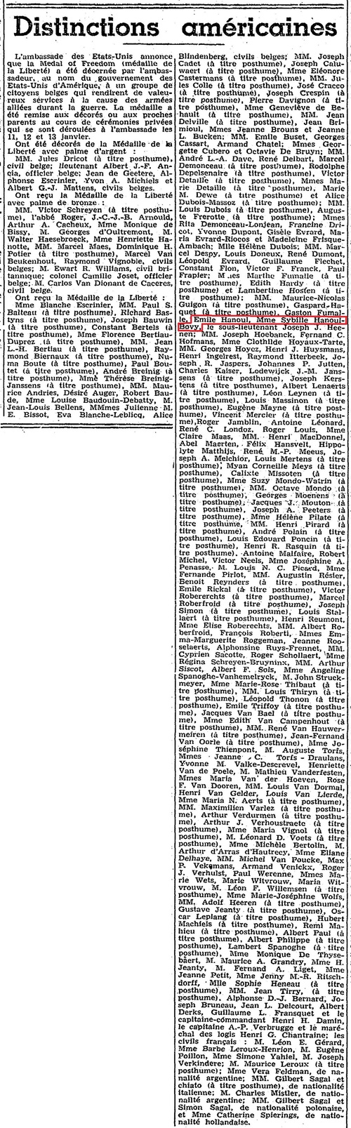 Emile et Sybilla Hanoul médaillés (Le Soir, 14 janvier 1949)