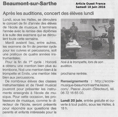 Article Presse Ouest France 18 Juin Examens de l'école de musique de Beaumont
