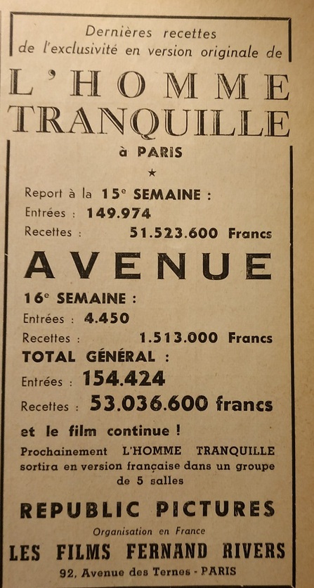 BOX OFFICE PARIS DU 20 FEVRIER 1953 AU 26 FEVRIER 1953