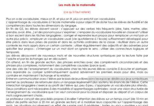 Lecture professionnelle : « Les mots de la maternelle » (synthèse)