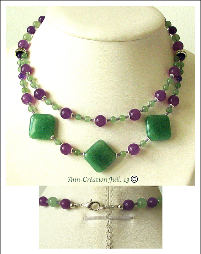 Collier double Aventurine, Jade mauve Plaqué Argent Two rows / Aventurine and purple Jade necklace