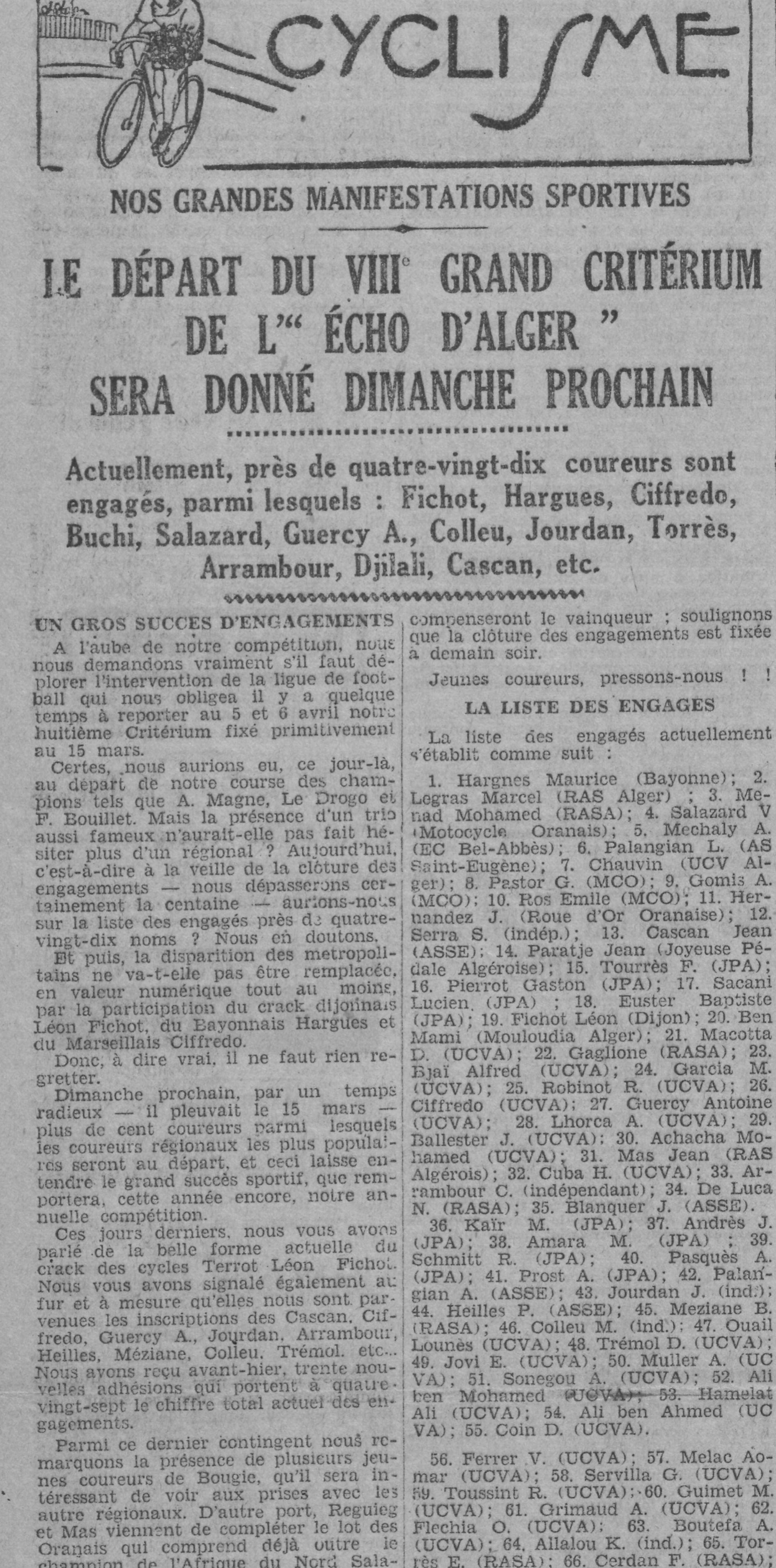 Dimanche 29.3.1931 Cyclisme le Mouloudia participe au prix de l'Echo d'Alger (Benmami est engagé)