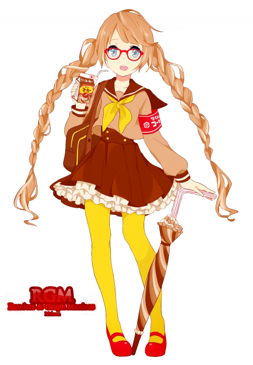 Render Filles/Femmes - Renders Yukiko tan Personnification Cafe Coffee fille tenue ecoliere parapluie marron jaune