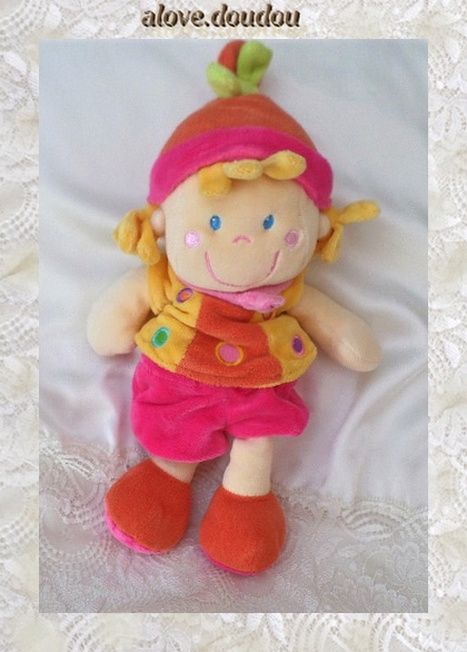 Doudou Peluche Poupée Fille Mots D'Enfants Rose Jaune Orange 28 cm