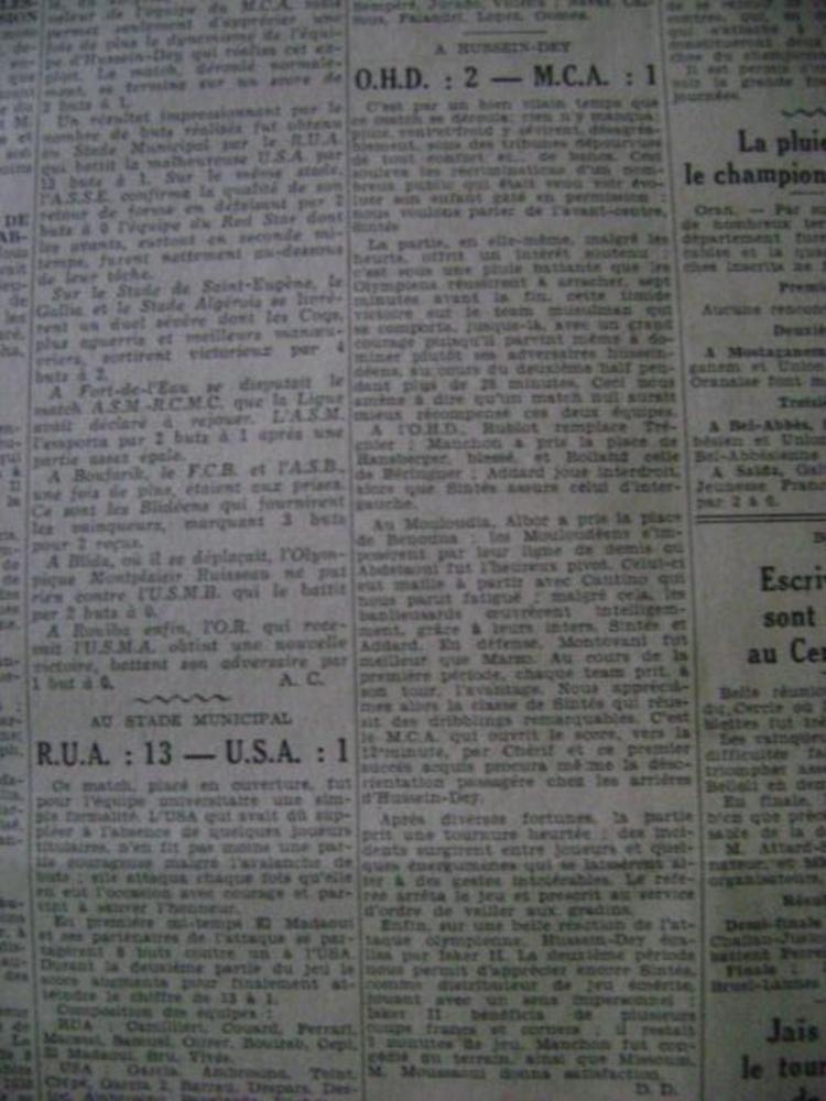 14.1.1940  OHD-MCA 2-1 première défaite de la Saison du Mouloudia