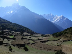 Champs à la sortie de Namche Bazar et vue sur le Kangtega (à gauche - 6783m), le Thamserku (à droite - 6618m) et le Kusumkhang Karda (au fond - 6370m)