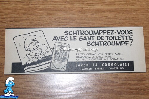 Rectangle publicitaire pour le gant de toilette Schtroumpf offert par LA CONGOLAISE 1964