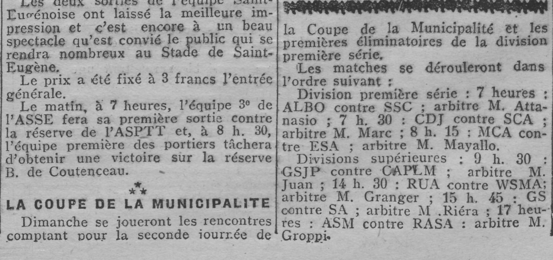 Dimanche 9.9.1928 Coupe Municipalité Etoile Sportive Algéroise-MCA 1-5