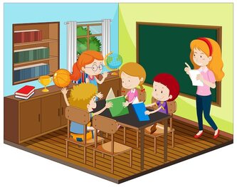 Vecteur gratuit enseignant et élève dans la salle de classe avec des meubles