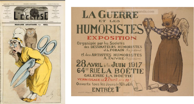 La censure repésentée en 1874 par Gill sous la forme d'Anastasie avec ses grands ciseaux et la chouette qui symbolise l'obscurantisme ; affiche de l'exposition de 1917