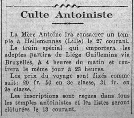 Culte antoiniste - Hellemmes (La Wallonie, 12 septembre 1925)(Belgicapress)