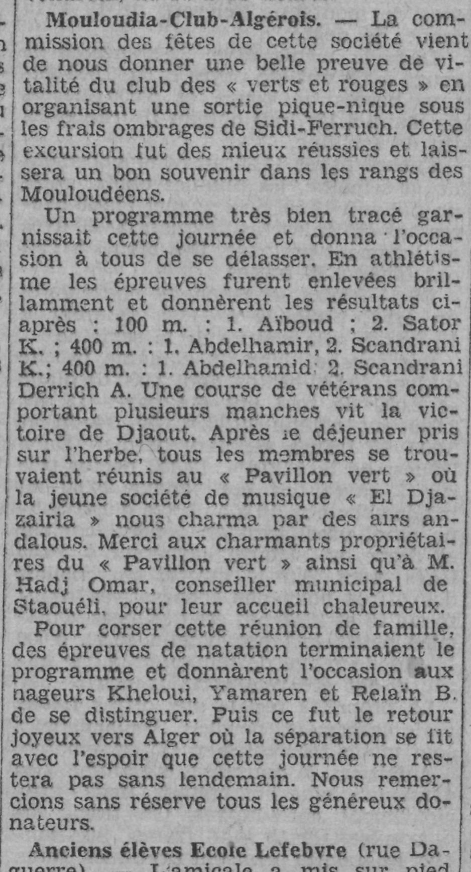 28.7.1930 MCA à Sidi Ferruch excursion et activités sportives