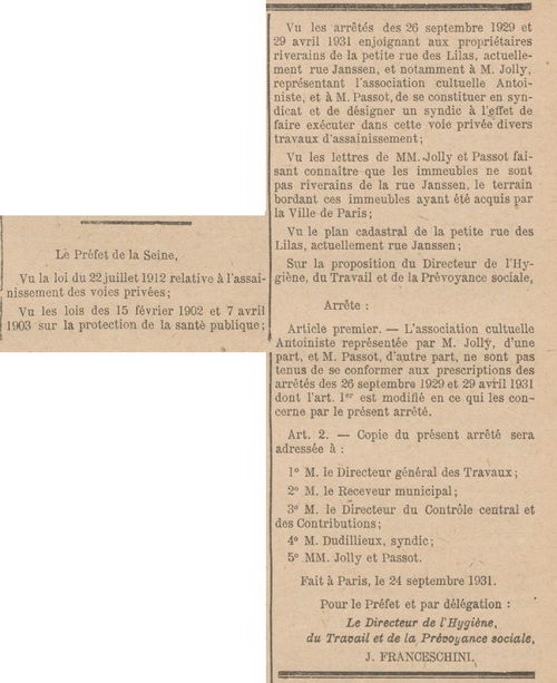 Jolly, rue du Pré Saint-Gervais (Bulletin municipal officiel de la Ville de Paris 20 oct 1931)