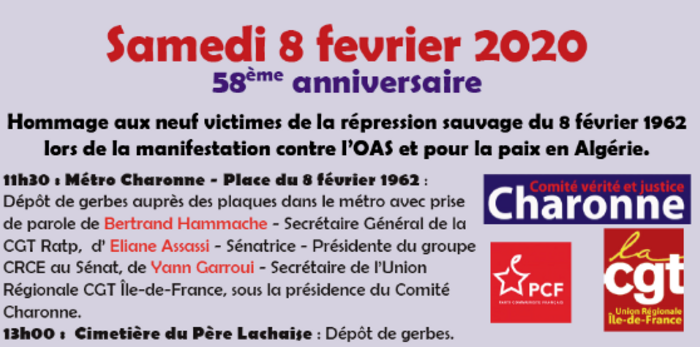 8 février 1962 - 8 février 2020 ***  Pour la reconnaissance du crime d’Etat à Charonne !