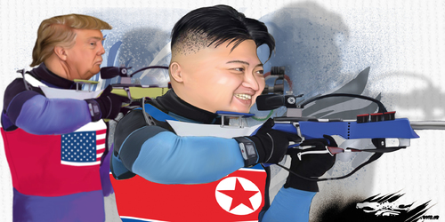 dessin de JERC du lundi 12 février 2018 caricature Kim Jong-un Donald Trump Les JO (chaque) pendant 4 ans www.facebook.com/jercdessin