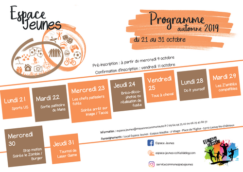 Activités des vacances d'automne 2019 (Du 21 au 31 octobre)