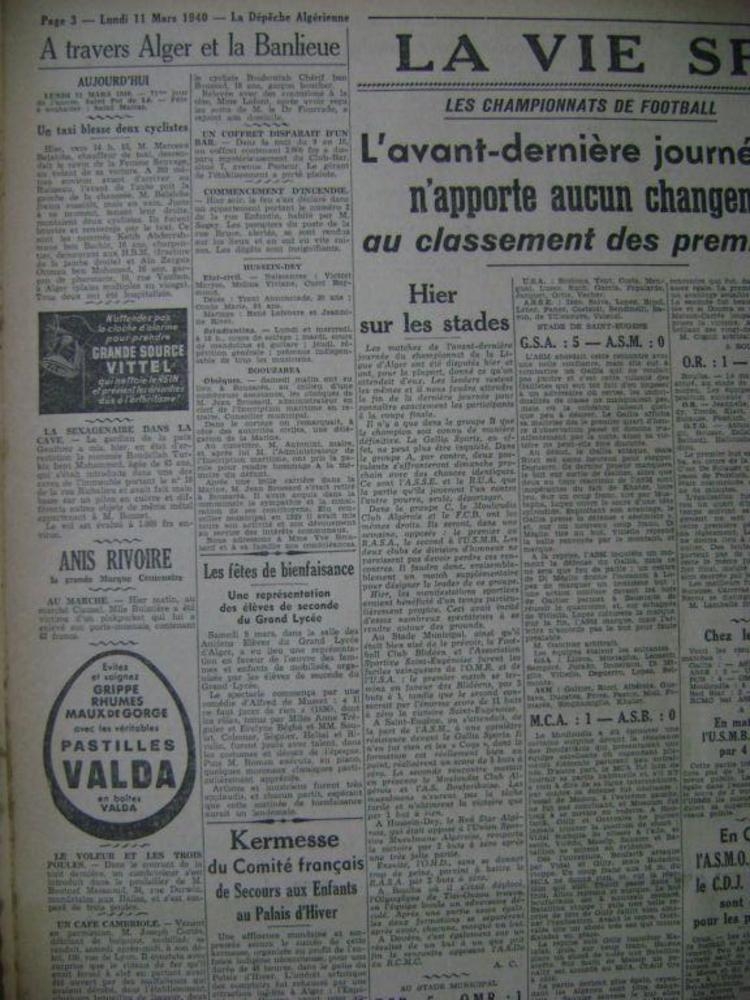 Dimanche 10.3.1940 avant dernière journée MCA-ASB 1-0