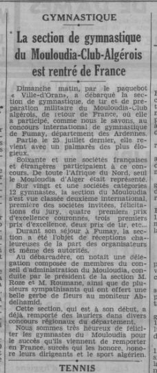 Août 1939 le MCA Gymnastique revient de France