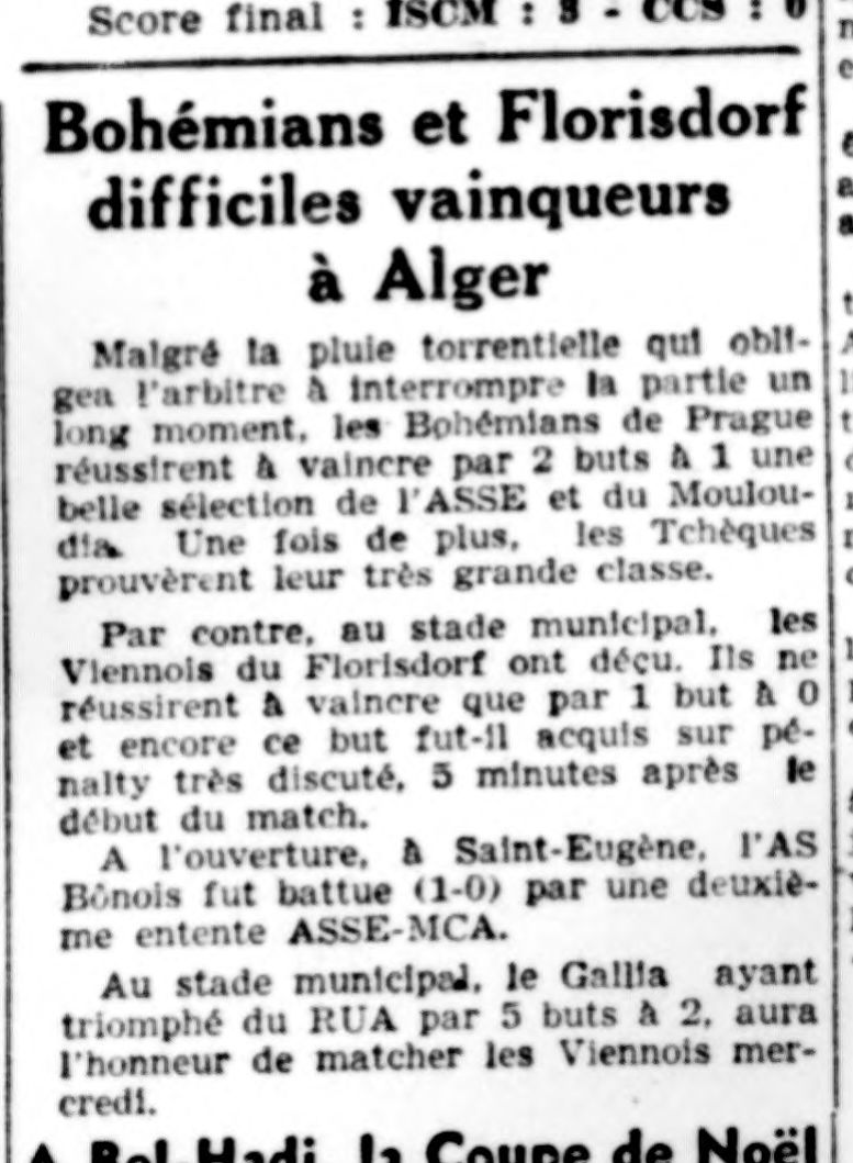 Dimanche 29.12.1946 à St Eugène Amical  Bohemians de Prague-Entente ASSE/MCA 2-1