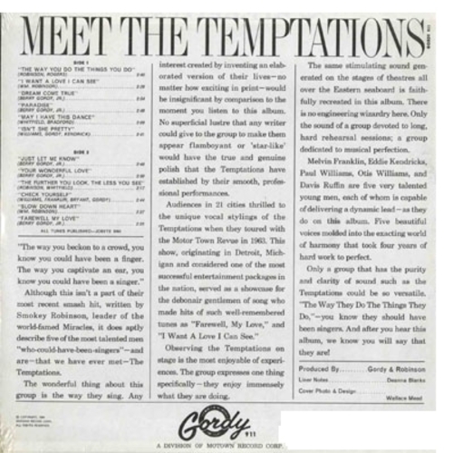 The Temptations : Album " Meet The Temptations " Gordy Records G 911  [ US ]