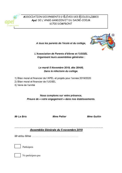 ASSEMBLEE GENERALE : mardi 5 novembre