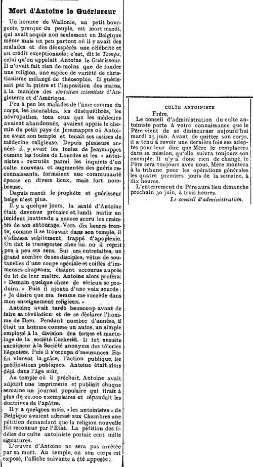 Mort d'Antoine le Guérisseur (Journal de Genève, 28 juin 1912)