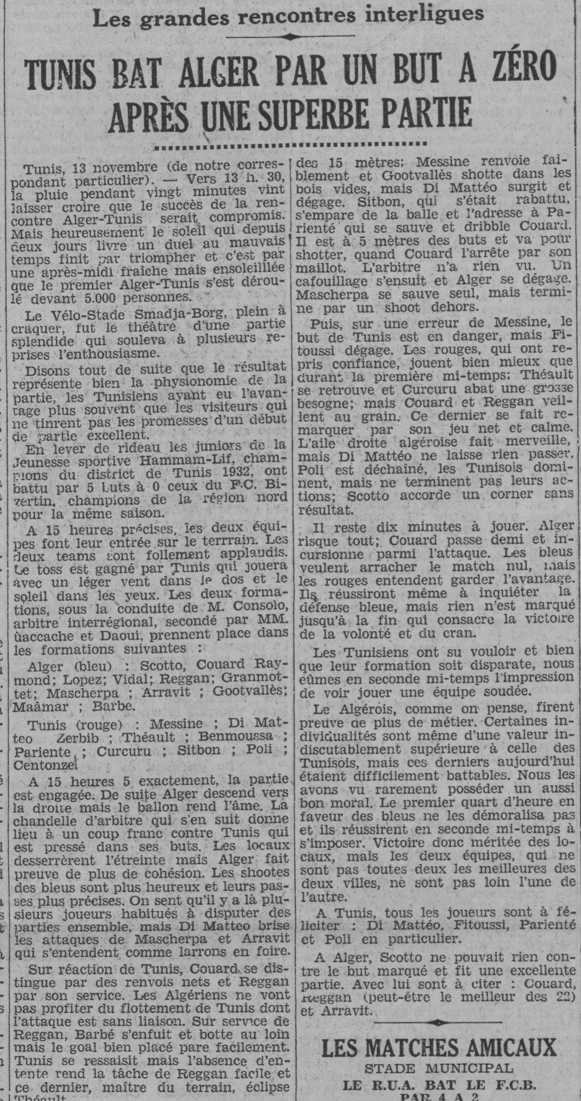 Dimanche 13.11.1932 Sélection Tunis-Sélection Alger 1-0 avec Belhadj Maâmar du MCA