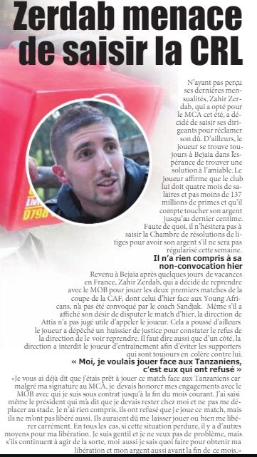 Zerdab en litige avec le MOB