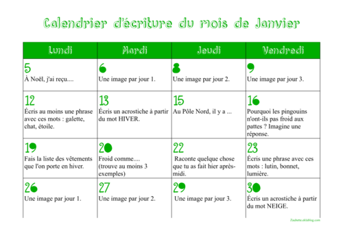 Calendriers d'écriture CE1 janvier 2015